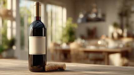 Mockup of luxury alcohol drink. Bottle red wine with blank label and cork on a table. Scene set in kitchen. High-end product display.