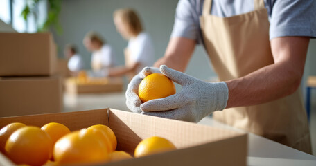 Close-up of worker wearing gloves packing fresh oranges into cardboard boxes in a bright warehouse with blurred background