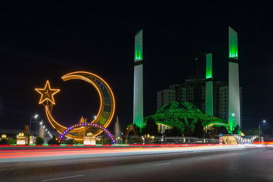 Night view of light lines from cars and Aimani Kadyrova Mosque "Mother's Heart"