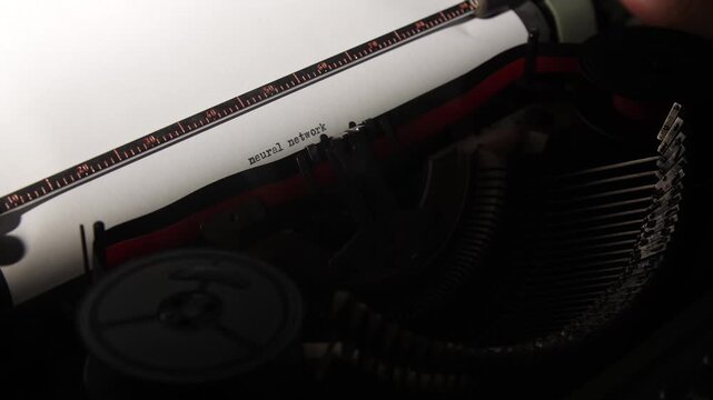 Vintage typewriter mechanics creating words on paper, symbolizing the intersection of classic communication tools with modern artificial intelligence concepts and data processing