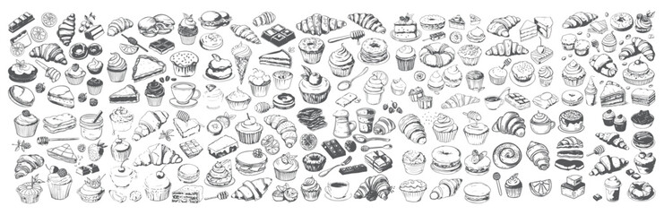 Bakery Menu Design Elements, Croissants, Cupcakes and Donuts Sketches © 99VectorS
