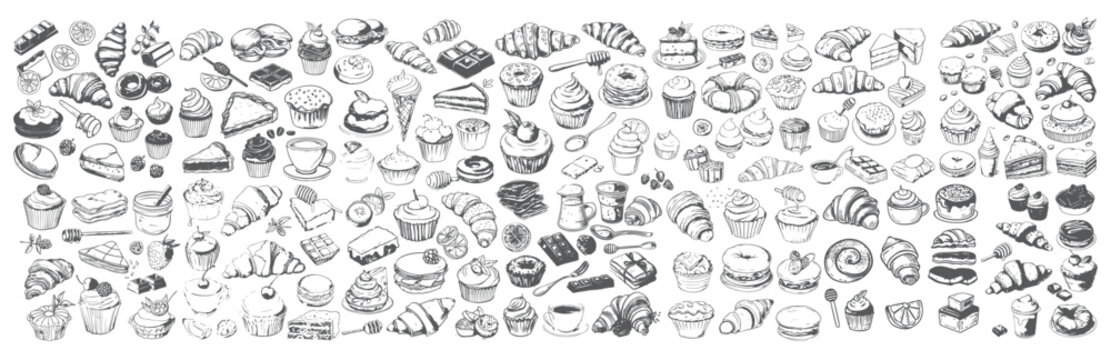 Bakery Menu Design Elements, Croissants, Cupcakes and Donuts Sketches