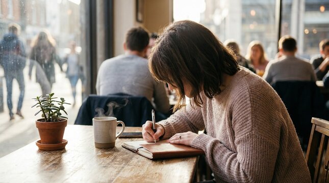 A woman sits at a sunlit cafe table beside a window, handwriting in a notebook with a coffee mug and a small potted plant nearby, capturing a moment of creativity and reflection