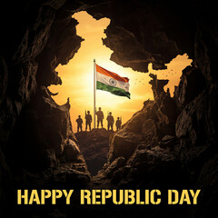 Republic Day: Indian Soldiers, Flag, and Map Silhouette at Sunset