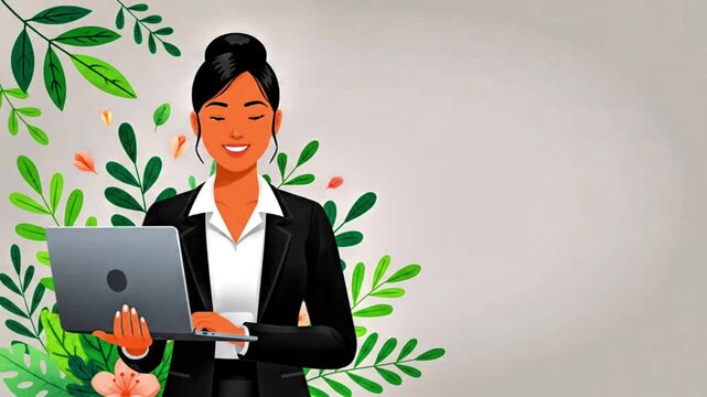 Video, vector, illustration of an employee holding a laptop or computer with a flower background and gray background, for presentations, company profiles, video assets, 2D, animation,  