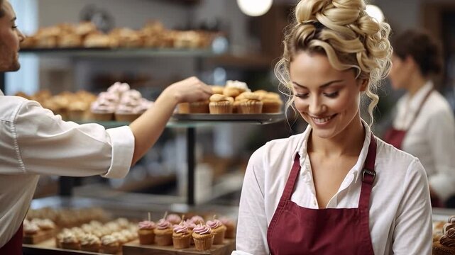 A bakery worker smiles while serving a customer in a busy shop filled with various baked goods. The scene takes place in the afternoon as people enjoy treats