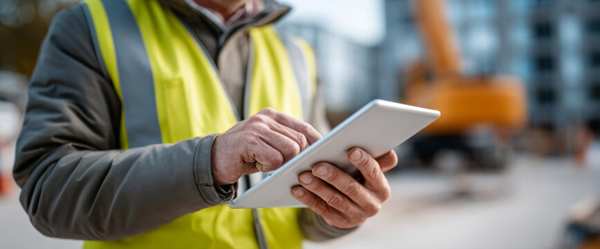 Construction worker using digital tablet on site with blurred heavy machinery and building background - Powered by Adobe