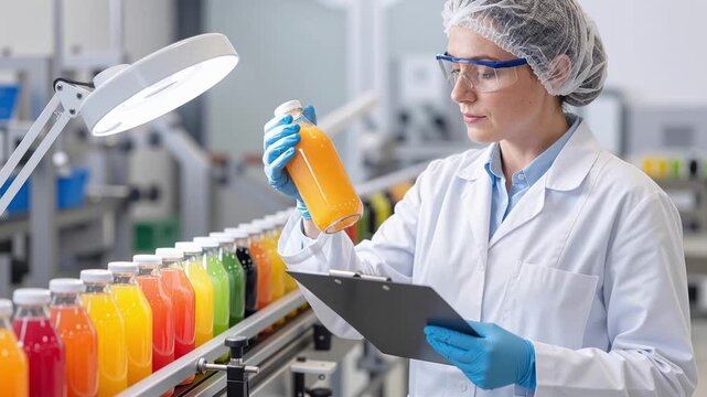 laboratory technician inspecting bottled fruit juice on a production line, ensuring quality control, food safety, and industrial beverage manufacturing standards