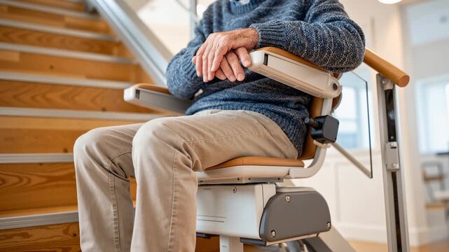 senior man riding a stair lift chair to go upstairs inside his home, illustrating mobility assistance, independence, and accessible living solutions