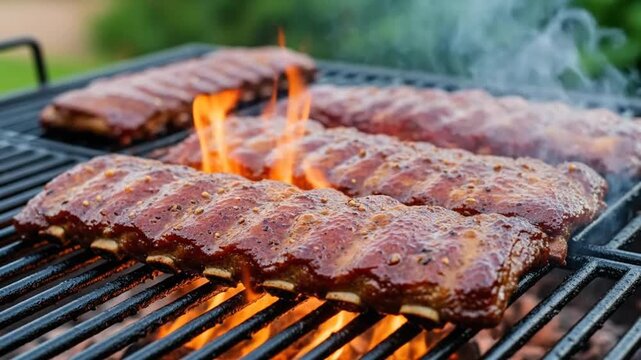 Juicy pork ribs grilling over open flames on barbecue grill, close-up