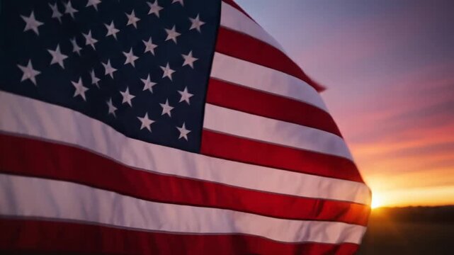 Cinematic close up of a majestic American flag waving proudly in the wind against a vibrant golden hour sunset sky creating a patriotic and atmospheric scene in slow motion outdoor setting.