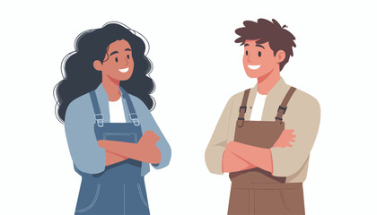 Fototapeta premium Smiling Young Man and Woman in Overalls Standing Confidently
