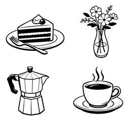 Hand drawn line art cafe elements set featuring a slice of cake, a moka pot, a steaming coffee cup, and a vase of flowers for daily life or relaxation