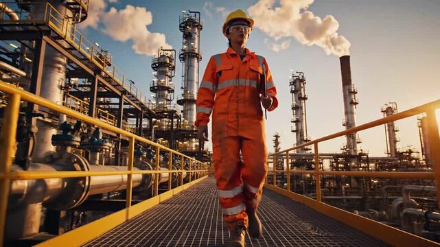 Industrial Worker in Safety Gear Walking Along Oil Refinery Platform at Sunset