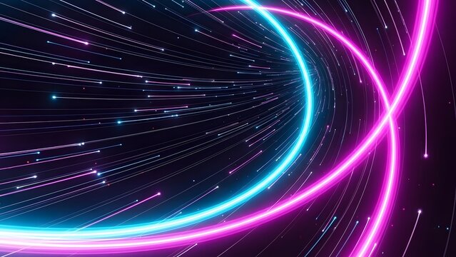Abstract digital neon pink and blue curved lines on dark background with motion effect