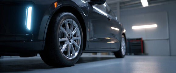 Close-up of a modern black car wheel and front light in a clean, well-lit garage or workshop environment with reflective surfaces