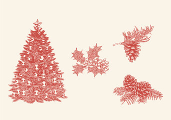 Hand Drawn Christmas Tree with Branches and Leaves Illustration
