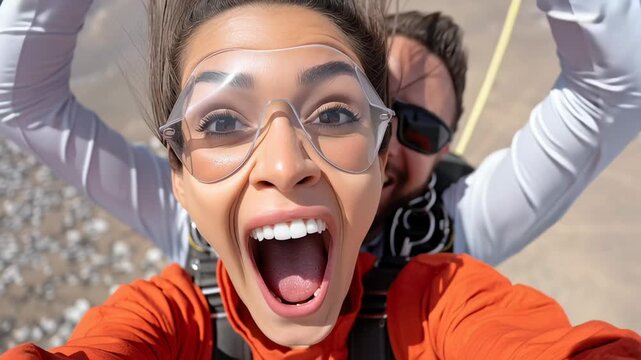 In this exhilarating moment, an attractive female skydiver celebrates the thrill of jumping from thousands of feet above the ground, reveling in the stunning desert vistas and her sheer excitement