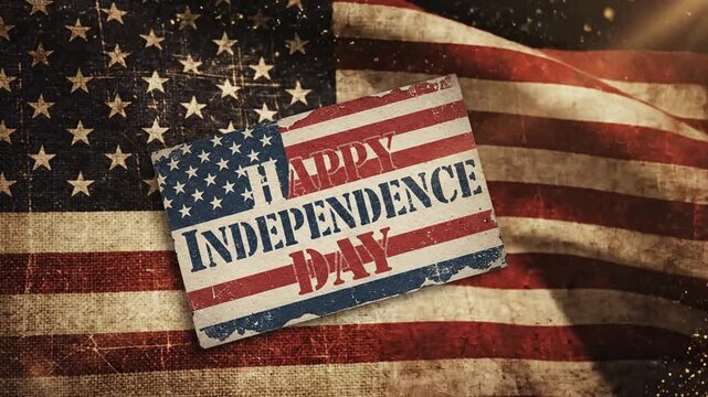 Cinematic slow motion visual featuring a happy Independence Day greeting card set against a rustic American flag grunge background, perfect for patriotic Fourth of July celebrations and events.