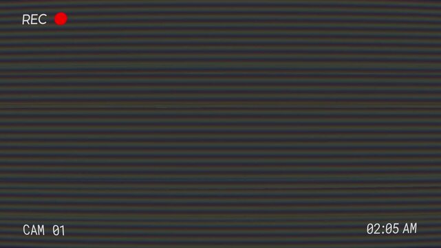 Vintage CCTV screen overlay with noise and glitch effect on transparent background. 4k video.