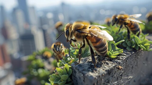 In a city, bees are seen on a rooftop garden. They move around plants and work together. The sun shines on them and the city skyline is in the background. It is daytime