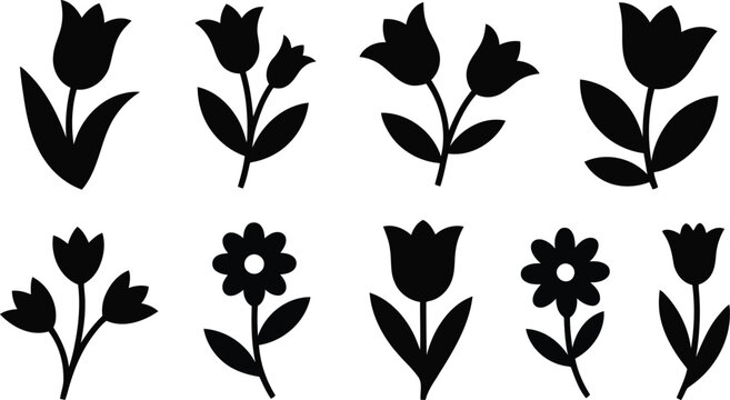 Collection of eight simple black floral silhouettes featuring various tulip and daisy shapes