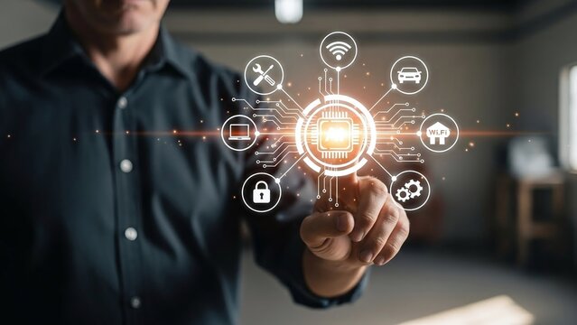 Man points towards a central processing unit (cpu) surrounded by various interconnected smart device icons.