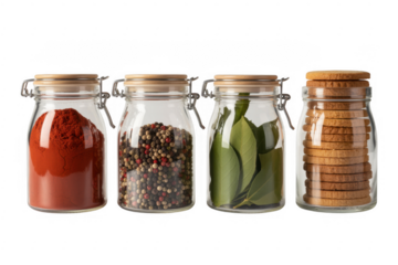 Glass jars with spices and cookies spice jars food isolated on a transparent background