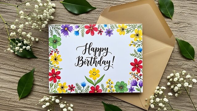 Birthday card with colorful flowers on wooden table with envelope