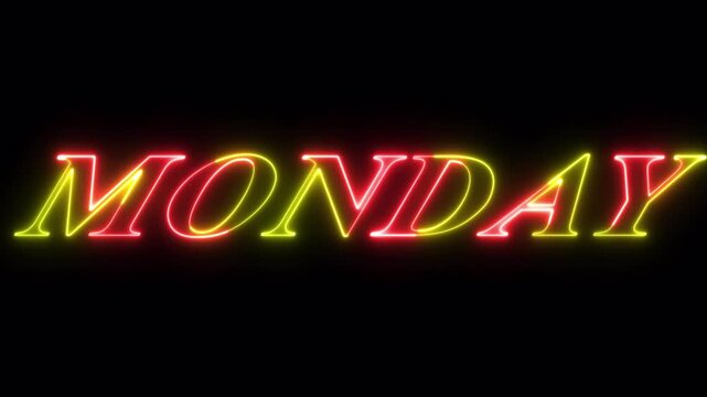 Monday  weekday name text  on Neon illustration .Neon Monday Typography &ndash; Red & Orange Glowing Text on Dark Background.
