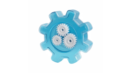 A 3d render of a translucent blue gear housing three white gears, symbolizing system configuration