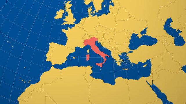 Italy on Globe. Animated zoom into the country in Ocean Blue Golden Yellow color palette. Italy logo animation. Map with meridians, parallels. Amazing video.