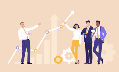 A professional businessman standing beside a presentation growth chart, speaking to group, representing a business report, knowledge sharing, and professional communication in a corporate environment.