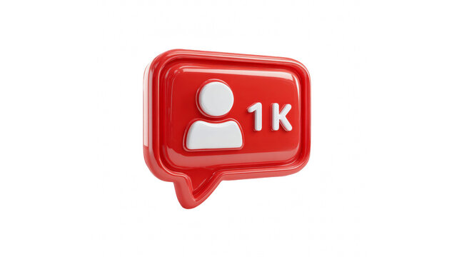 Red social media notification showing 1k followers icon in a glossy 3d style - Powered by Adobe