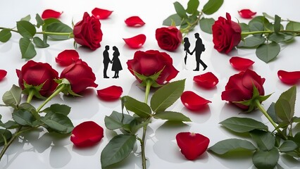 Romantic composition with red roses and couple silhouettes
