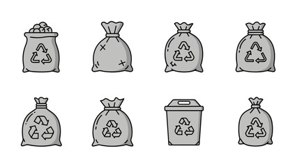 Collection of recycling and trash bags with recycling symbols and a bin