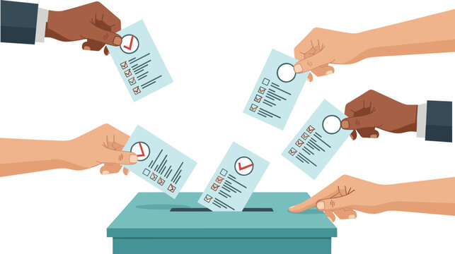 diverse hands casting ballots illustration, democratic voting process concept, election participation flat vector isolated