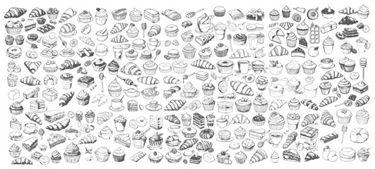 Bakery Menu Design Elements, Croissants, Cupcakes and Donuts Sketches © 99VectorS