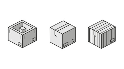Obraz premium Three isometric cardboard boxes showing different states of packaging and delivery