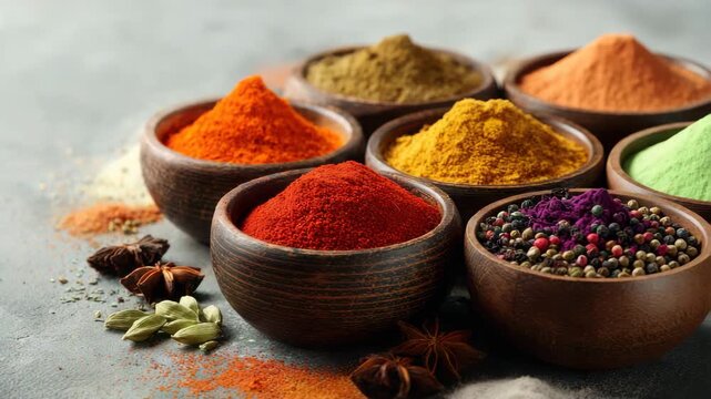 An array of colorful spices in small bowls