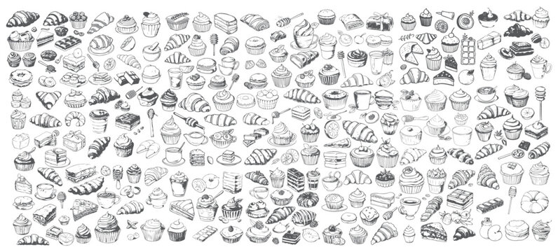 Bakery Menu Design Elements, Croissants, Cupcakes and Donuts Sketches