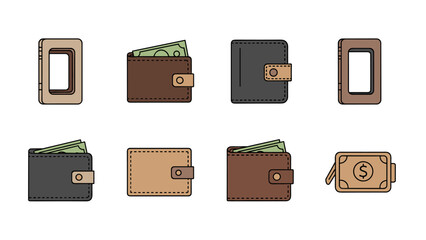 Collection of flat design wallet icons with cash and card holder illustrations