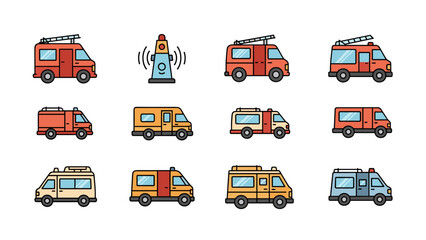 Collection of flat design icons representing various emergency and utility vehicles