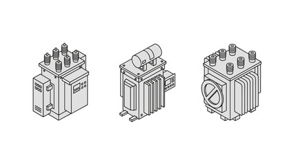 Obraz premium Set of three isometric electrical transformers with clean line art style on white background