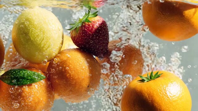 A close-up view of fresh citrus fruits and strawberry immersed in water, with bubbles rising to the surface, demonstrating refreshing qualities