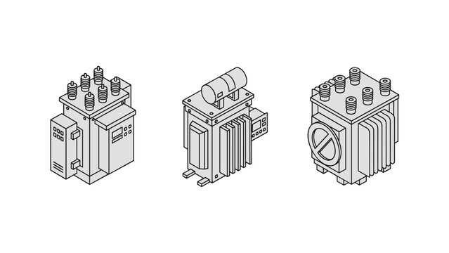 Set of three isometric electrical transformers with clean line art style on white background