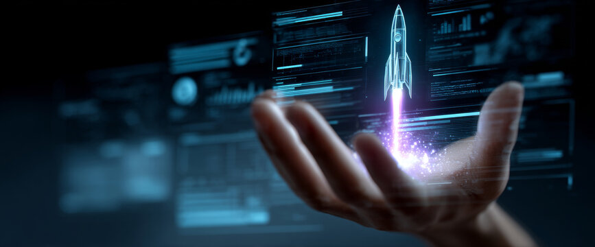 Hand holding a futuristic holographic rocket launching with digital interface and data visualization in dark background