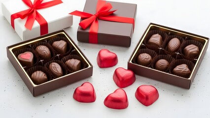 Assortment of chocolates with gift boxes for valentine's day
