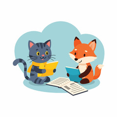 Cat and Fox Reading Together