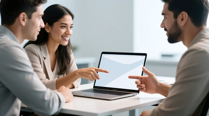 Obraz premium Hispanic coworkers collaborating on laptop with natural non-verbal gestures in modern workspace providing wide professional copy space for corporate and startup design use